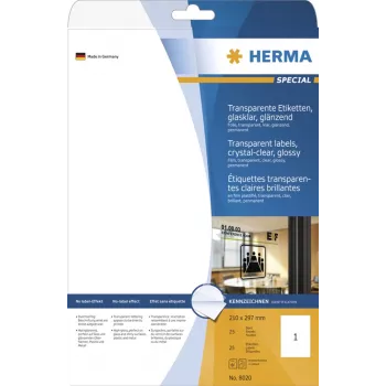 HERMA Etiquetas especiales de poliéster autoadhesivas transparentes brillantes A4, 25 hojas