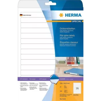 HERMA Special Permanent Etiquetas para archivo autoadhesivas mate opacas, papel, Blancas, 192 x 16,9 mm, 400 etiquetas (25 hojas x 16) (5118)