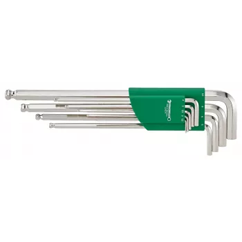 Juego de llaves Allen 1,5-10 mm, largas con cabeza esférica, 9 piezas, fosfatadas, DIN 911