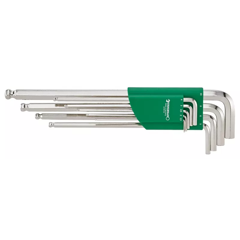 Juego de llaves Allen 1,5-10 mm, largas con cabeza esférica, 9 piezas, fosfatadas, DIN 911