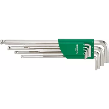 Juego de llaves Allen 1,5-10 mm, largas con cabeza esférica, 9 piezas, fosfatadas, DIN 911