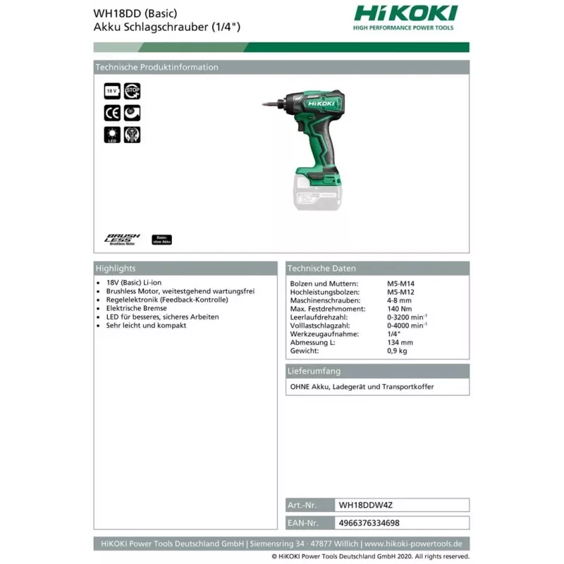 HIKOKI WH18DD atornillador de impacto a batería 18V, 0-3200 rpm, 0-400 IPM