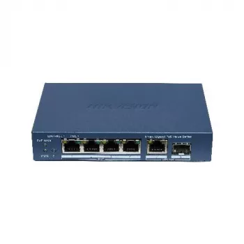 Switch no gestionado Hikvision DS-3E1506P-EI/M-4P1T1F(O-STD) con 4 puertos PoE+, 1 Gigabit RJ45 y 1 uplink SFP