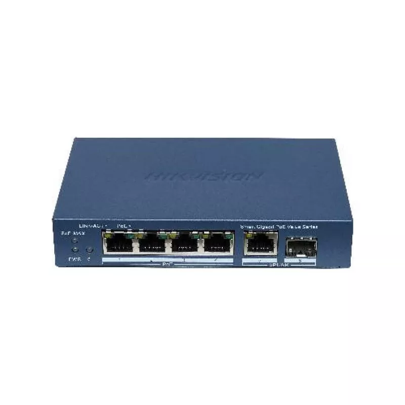 Switch no gestionado Hikvision DS-3E1506P-EI/M-4P1T1F(O-STD) con 4 puertos PoE+, 1 Gigabit RJ45 y 1 uplink SFP