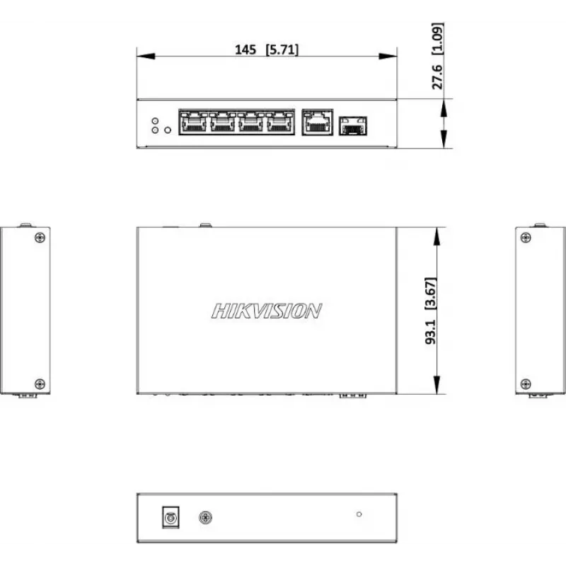 Switch no gestionado Hikvision DS-3E1506P-EI/M-4P1T1F(O-STD) con 4 puertos PoE+, 1 Gigabit RJ45 y 1 uplink SFP