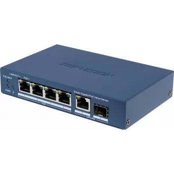 Switch no gestionado Hikvision DS-3E1506P-EI/M-4P1T1F(O-STD) con 4 puertos PoE+, 1 Gigabit RJ45 y 1 uplink SFP