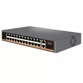 HISMART Switch de red PoE+ de 24 puertos con 2 puertos uplink Gigabit, presupuesto 300W, montaje en rack