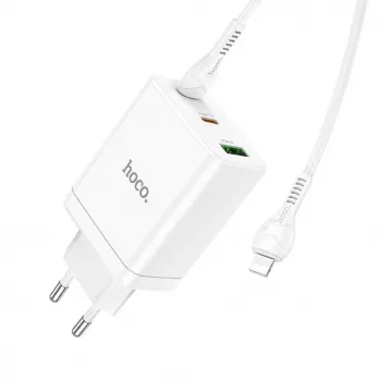 HOCO Cargador de pared 35W Dual USB-C + USB-A PD y QC3.0 con cable USB-C a Lightning, blanco