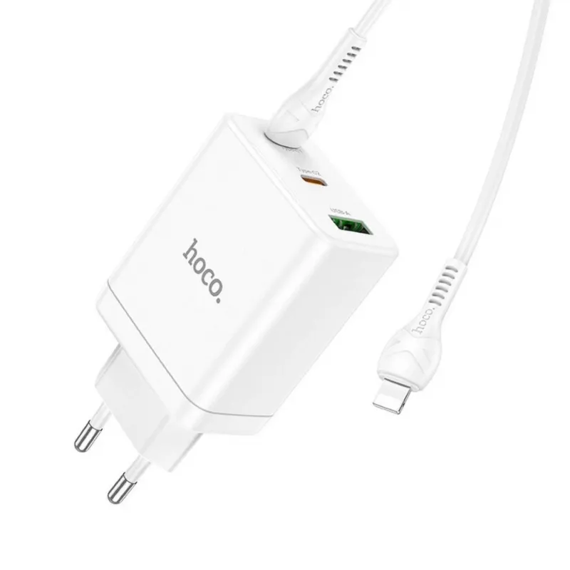 HOCO Cargador de pared 35W Dual USB-C + USB-A PD y QC3.0 con cable USB-C a Lightning, blanco