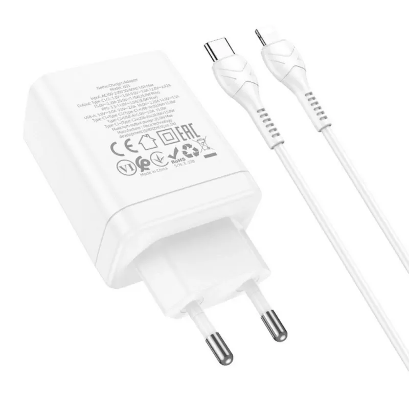 HOCO Cargador de pared 35W Dual USB-C + USB-A PD y QC3.0 con cable USB-C a Lightning, blanco