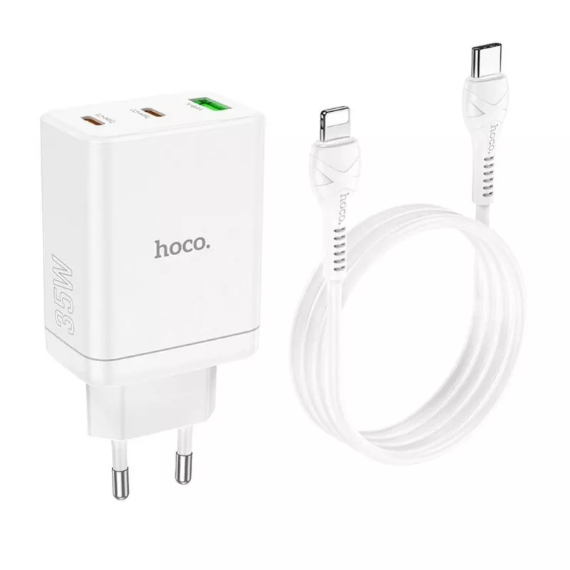 HOCO Cargador de pared 35W Dual USB-C + USB-A PD y QC3.0 con cable USB-C a Lightning, blanco