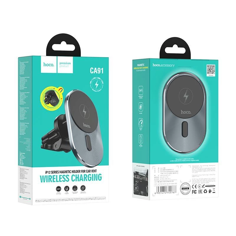 Hoco CA91 soporte magnético para coche con carga inalámbrica rápida Magic, 15W, gris