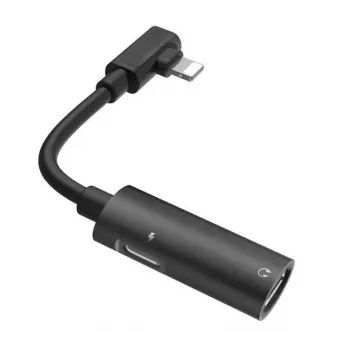 Hoco Cable Lightning dual convertidor de audio a conector de auriculares Lightning + conector de carga Lightning negro
