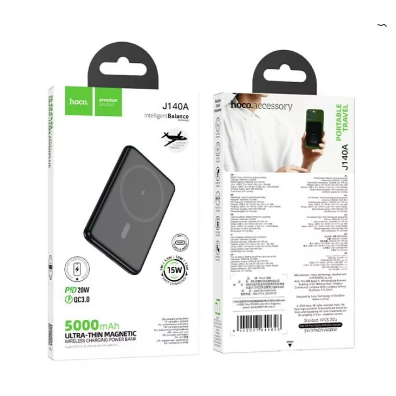 Hoco J140A Tony PD20W Batería Portátil Magnética Ultra-Thin (5000mAh) Negra