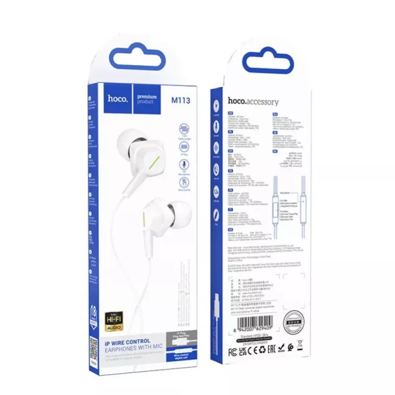 Hoco M113 Auriculares Digitales Universales Clear con Micrófono para Apple Lightning, Blancos