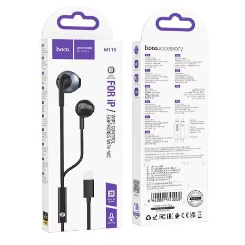 Auriculares universales Hoco M115 Sagacious con micrófono, negros