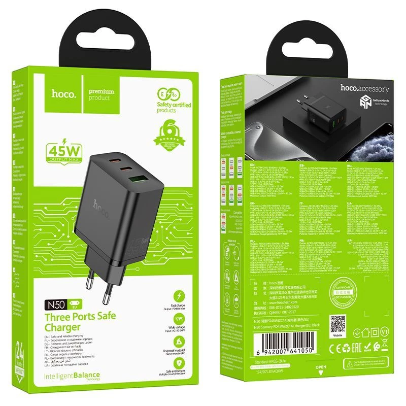 Hoco N50 Scenery PD45W (2C1A) cargador enchufe EU negro