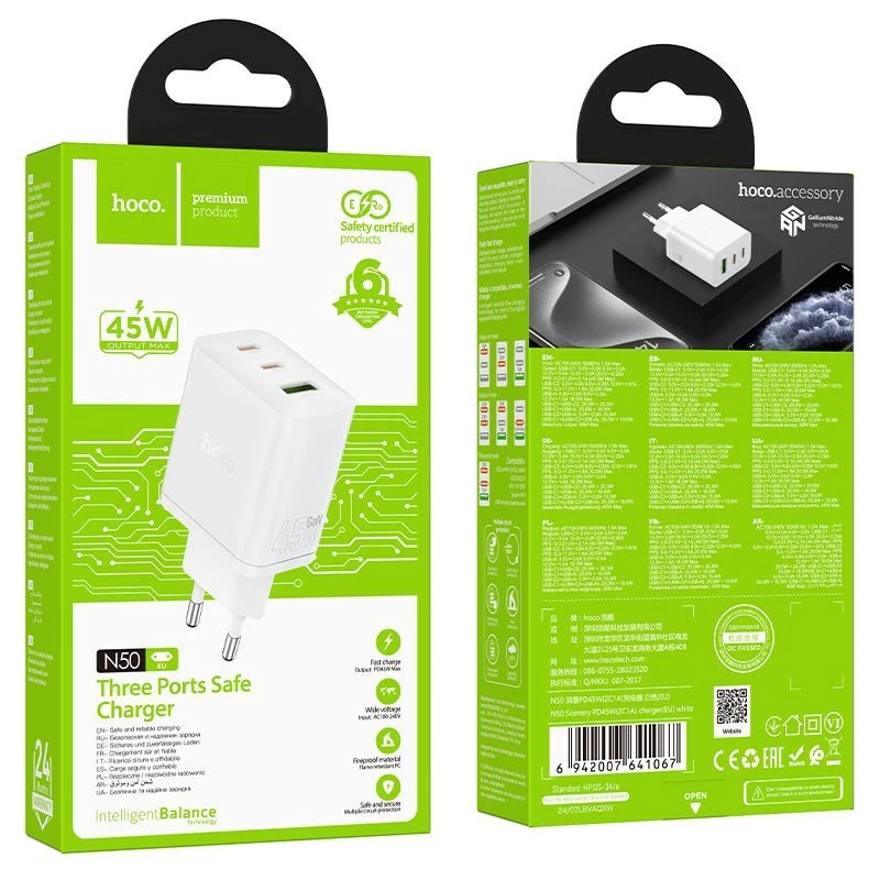 Hoco N50 Scenery PD45W (2C1A) cargador EU blanco