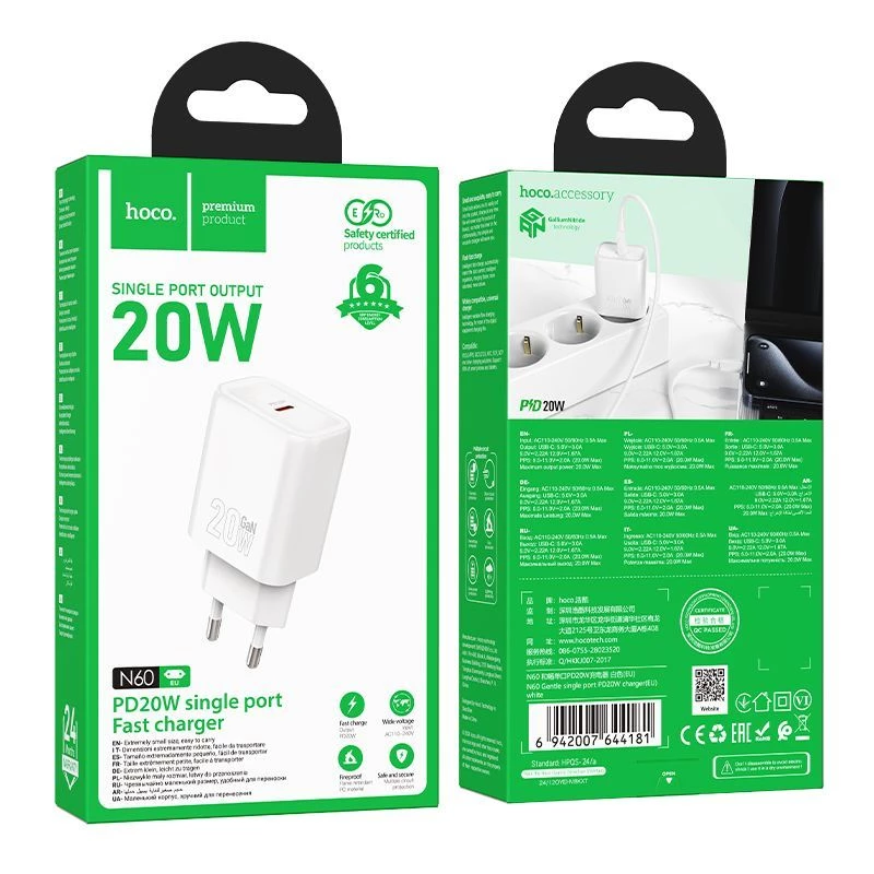 Cargador Hoco N60 Gentle de un puerto PD20W (EU) blanco
