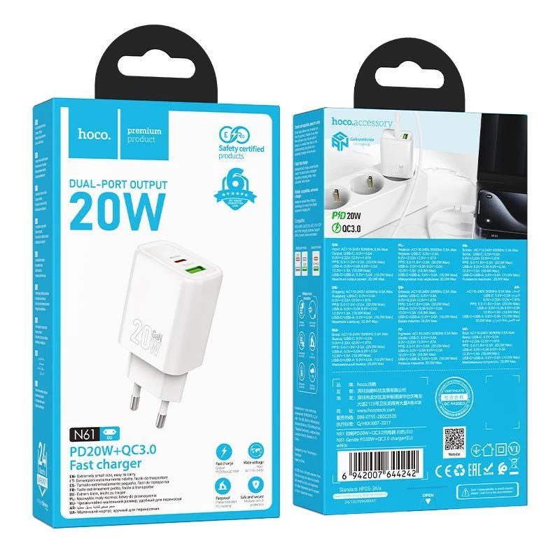 Hoco N61 Gentle PD20W+QC3.0 Cargador (EU) Blanco