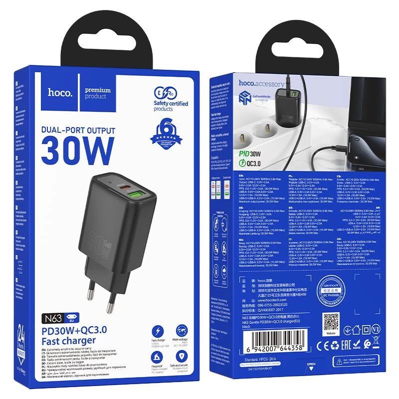 Hoco N63 Cargador Gentle PD30W+QC3.0 (EU) negro