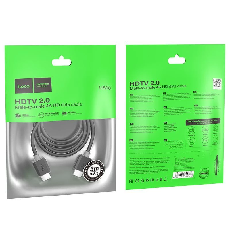 Hoco Cable HDMI 2.0 US08 3m Negro 4K HDR con baño de oro
