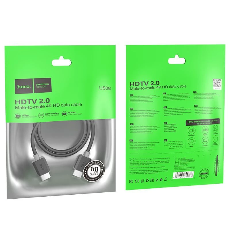 Hoco US08 HDTV 2.0 Cable de datos 4K HD macho a macho (1m) Negro
