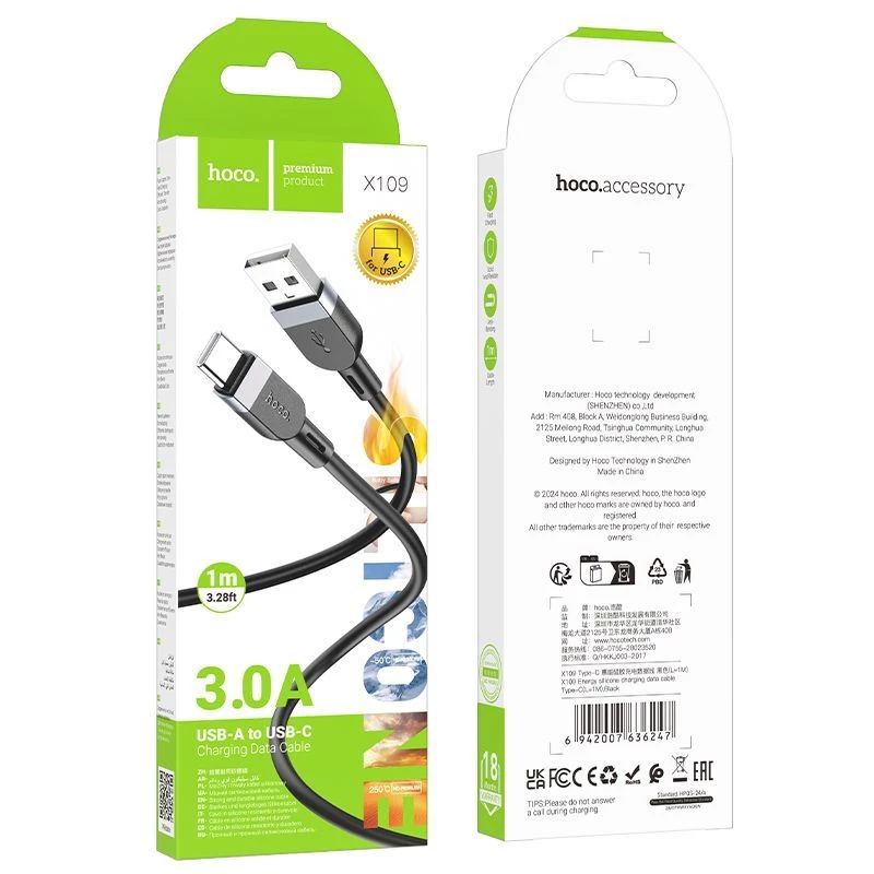 Hoco X109 cable de carga y datos de silicona Energy USB-A a USB-C 1m negro
