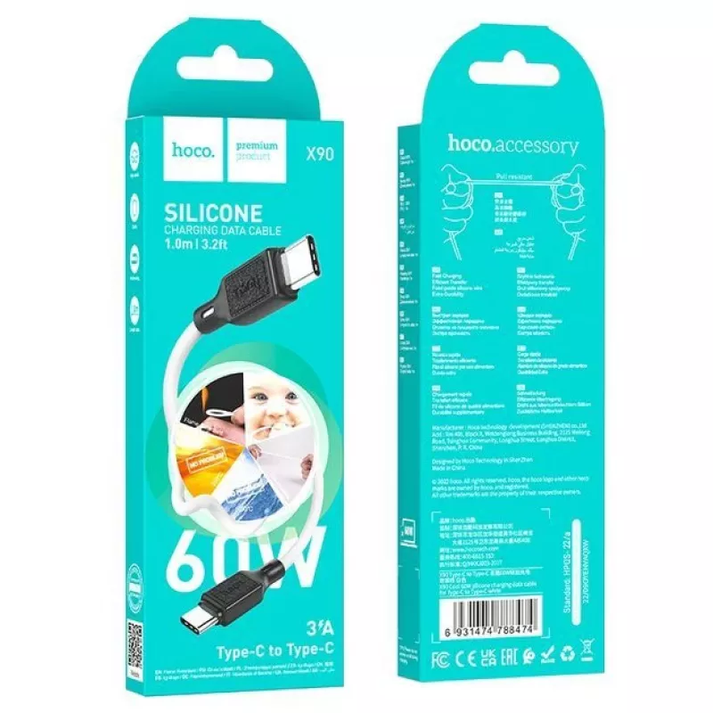 Hoco X90 Cool cable de carga y datos de silicona 60W de Type-C a Type-C blanco