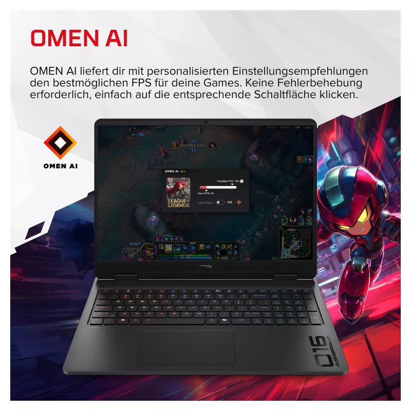 HP HyperX OMEN 16-ap1492ng portátil gaming, 16,1 inch QHD 165Hz, AMD Ryzen 9 8940HX, 24GB DDR5, 512GB SSD, RTX 5070 8GB, Windows 11 Home, teclado alemán