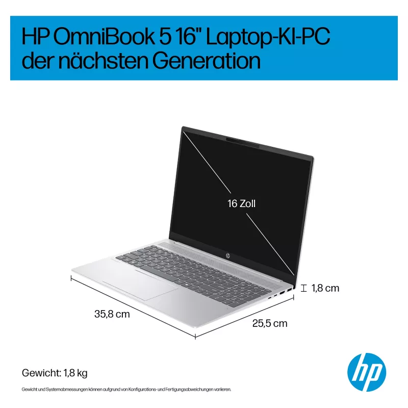 HP OmniBook 5 16-ag1451ngx AMD Ryzen AI 5 330 16GB 512GB SSD W11 Home portátil 16 inch WUXGA (Natural Silver, QWERTZ alemán)