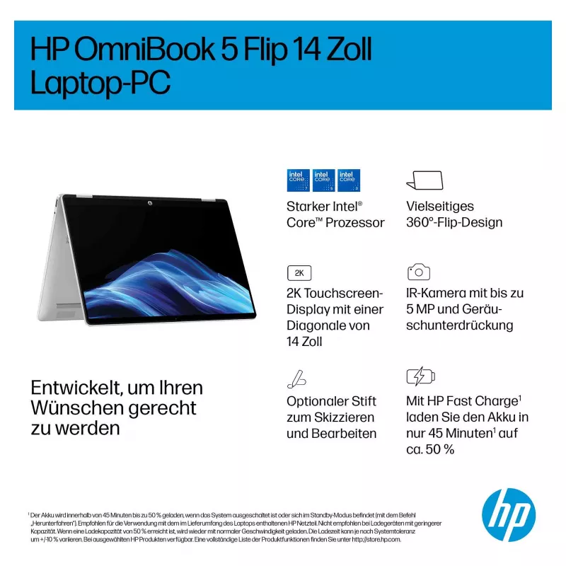 HP OmniBook 5 Flip 14-fp0450ngx portátil 2 en 1, Intel Core 5 120U, 16GB RAM, 512GB SSD, 14 inch táctil FHD, Windows 11 Home, teclado alemán