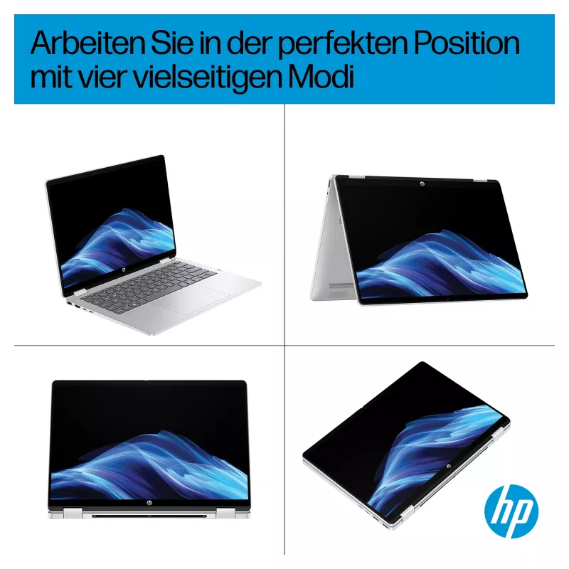 HP OmniBook 5 Flip 14-fp0470ngx portátil 2 en 1, 14 inch FHD táctil, Intel Core 7 150U, 16GB RAM, 512GB SSD, Windows 11 Home, Natural Silver, teclado alemán