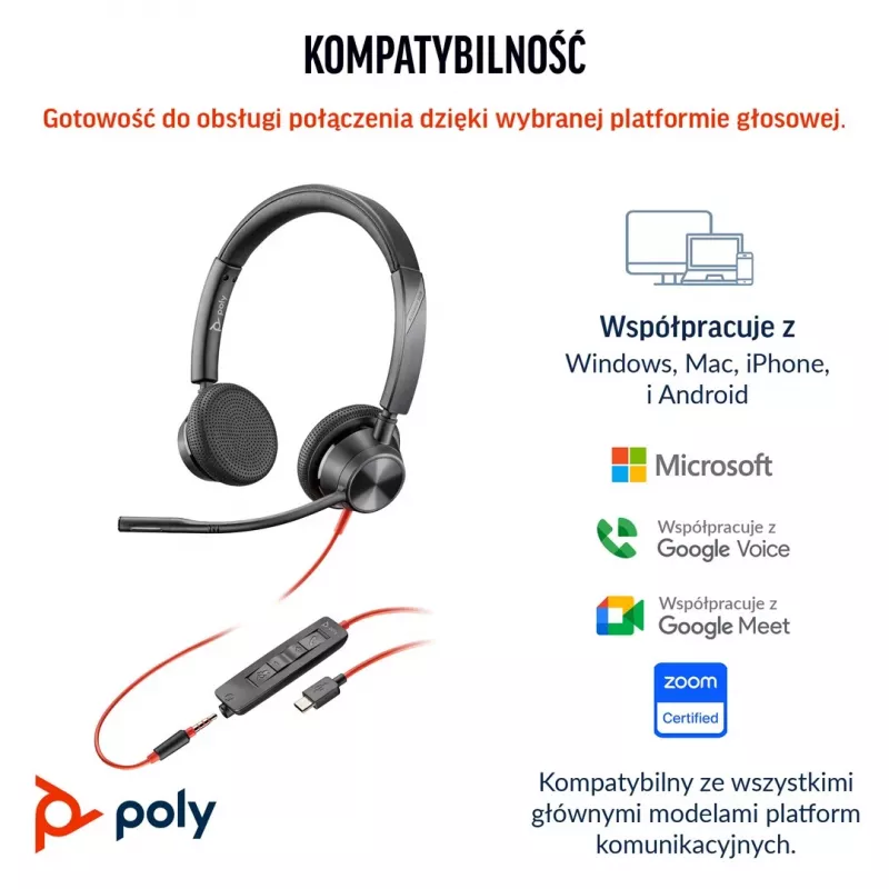 HP Poly Blackwire 3325 auriculares estéreo certificados para Microsoft Teams USB-C + jack 3,5mm + adaptador USB-C/A