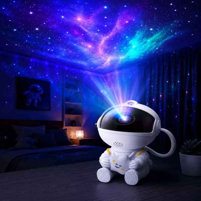 HQ proyector de astronauta sentado con cielo estrellado y nebulosa, cabezal giratorio 360° y mando a distancia blanco