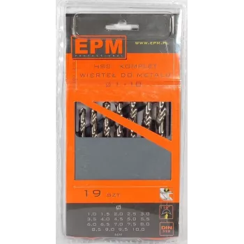Set de brocas helicoidales HSS para metal 1-10 mm, 19 piezas, DIN 338, mango cilíndrico, ángulo de punta 118°, rectificado brillante, estuche de plástico