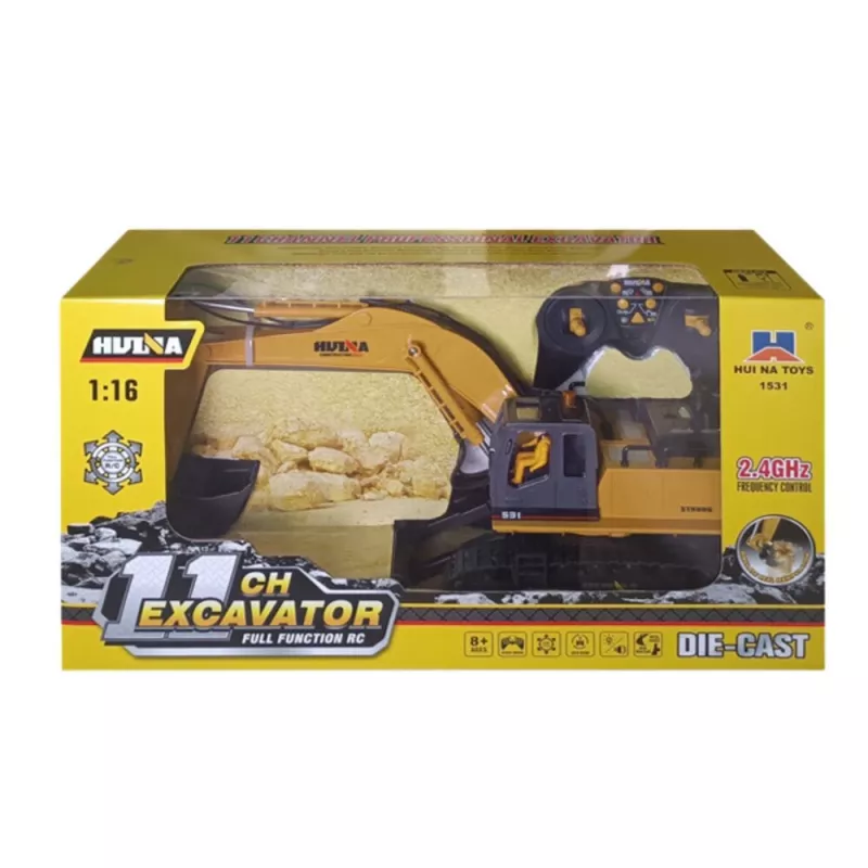 Excavadora RC Huina 22747 1:16 con cabina giratoria y control remoto - 15 canales 2.4GHz con luces LED