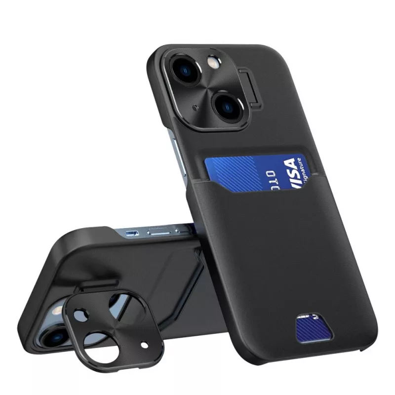 HURTEL iLike Apple iPhone 14 funda de cuero con soporte y tarjetero negra