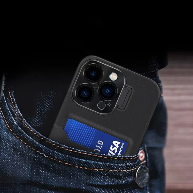 HURTEL iLike Apple iPhone 14 funda de cuero con soporte y tarjetero negra