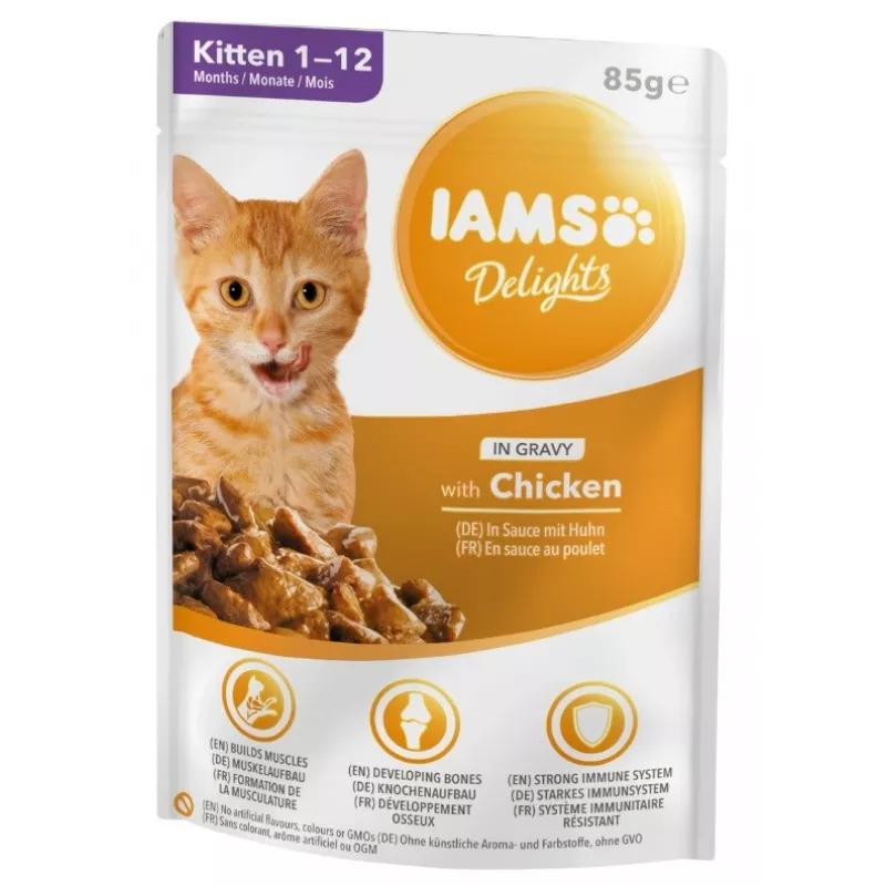 IAMS Delights Kitten Chicken in Gravy Alimento húmedo para gatos, 12 x 85g sobres