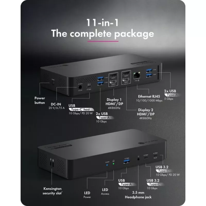 Docking station ICY BOX Heart Dock 2255 11 en 1, DisplayLink DL-6950, 2x HDMI/DP 4K@60Hz, Power Delivery 96W, Gigabit LAN, USB-C/A 10Gbps