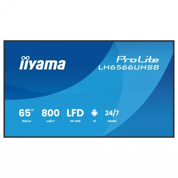 IIYAMA LH6566UHSB-B1AG pantalla de señalización digital 65 pulgadas 4K UHD con Android 11, 500 cd/m², 2x HDMI, USB-C, DP, WiFi, funcionamiento 18/7