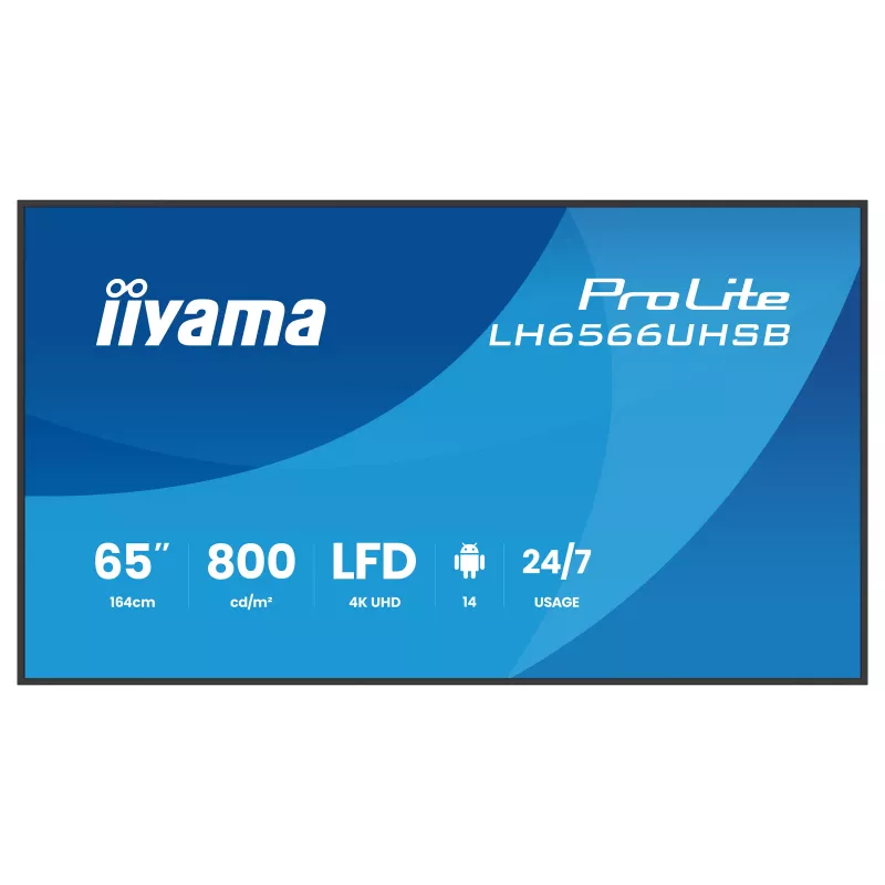 IIYAMA LH6566UHSB-B1AG pantalla de señalización digital 65 pulgadas 4K UHD con Android, 500 cd/m², 2x HDMI, USB-C, DP, WiFi, funcionamiento 18/7