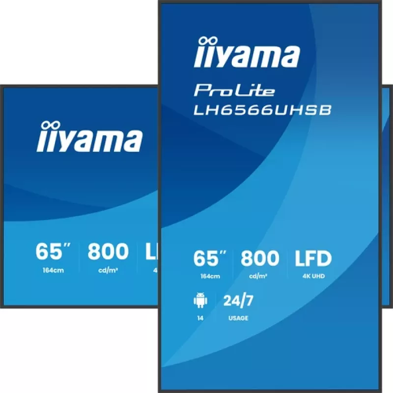 IIYAMA LH6566UHSB-B1AG pantalla de señalización digital 65 pulgadas 4K UHD con Android, 500 cd/m², 2x HDMI, USB-C, DP, WiFi, funcionamiento 18/7