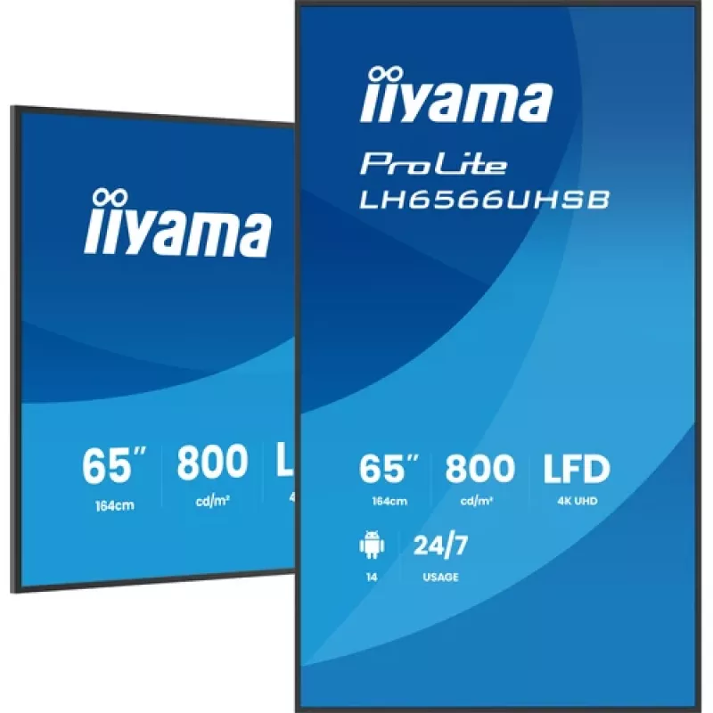IIYAMA LH6566UHSB-B1AG pantalla de señalización digital 65 pulgadas 4K UHD con Android, 500 cd/m², 2x HDMI, USB-C, DP, WiFi, funcionamiento 18/7