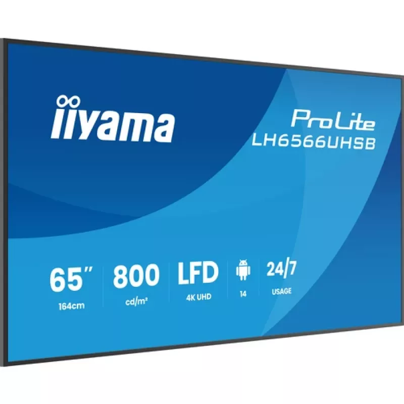 IIYAMA LH6566UHSB-B1AG pantalla de señalización digital 65 pulgadas 4K UHD con Android, 500 cd/m², 2x HDMI, USB-C, DP, WiFi, funcionamiento 18/7