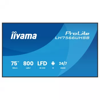 IIYAMA LH7566UHSB-B1AG Pantalla de señalización digital 75 inch 4K UHD con Android 11, funcionamiento 24/7