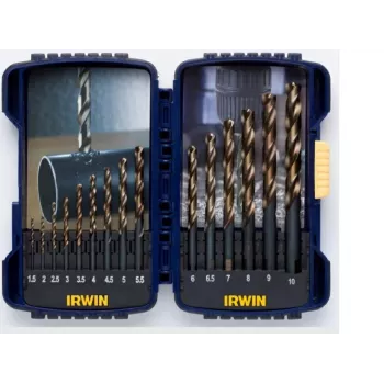 Juego de 15 brocas helicoidales HSS IRWIN TURBOMAX PRO, 1,5–10 mm, DIN 338, afilado en cruz, metal/madera/plástico