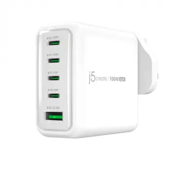 J5CREATE Cargador GaN USB-C de 100W y 5 puertos