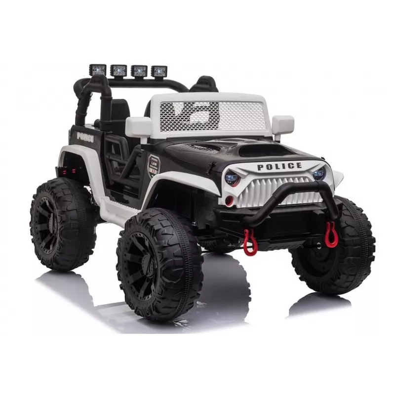 JC666 Coche eléctrico infantil de policía con luces LED, MP3 y mando a distancia blanco